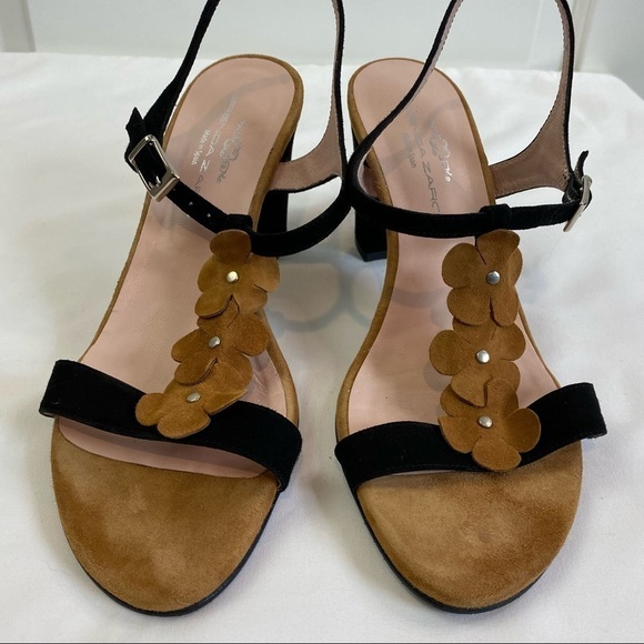 Brenda Zaro Suede Sandals Black Camel 39 7 Flowers Made in Spain Low Heel Straps - Picture 10 of 10